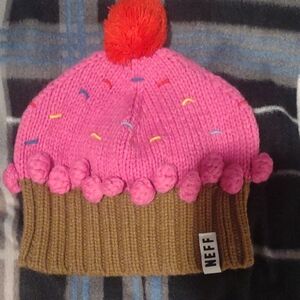 Neff Pink Cupcake Knit Beanie with Brown Brim and Red Pom